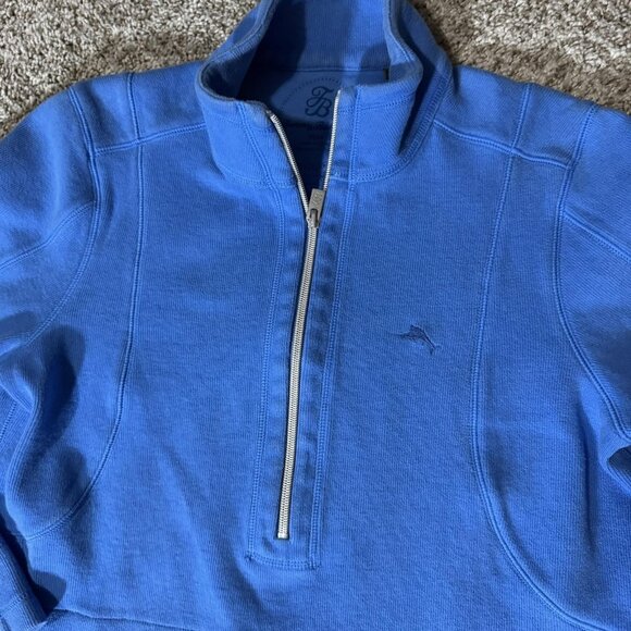 Tommy Bahama Sweater Womens Medium Blue Quarter Zip Pullover Stretch Marlin Logo - Picture 2 of 9